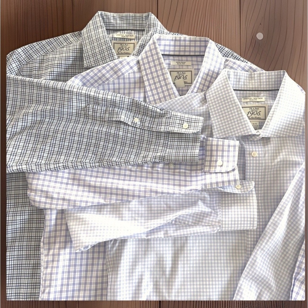 Jos. A. Bank Mens Dress Shirt Lot 3 16-32 Blue Check Slim Fit Non-Iron Stretch